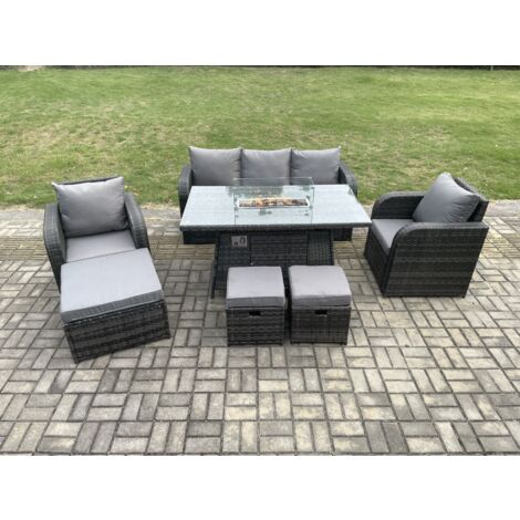 Fimous Polyrattan Gartenmöbel set Gas Feuerstelle Esstisch mit Sessel 3 Hockern (1/5)