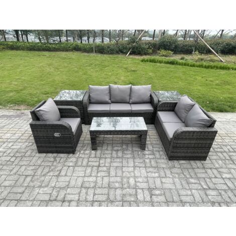 Fimous 6-Sitzer Hoher Rücken Polyrattan Gartenmöbel Set mit Loveseat Sofa Rechteckiger Couchtisch 2 Beistelltischen Garten Lounge Set Dunkelgrau Gemischt (1/5)