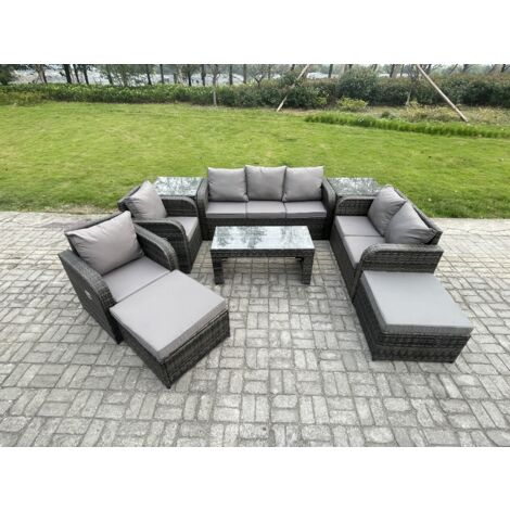 Fimous Polyrattan Gartenmöbelset Rattan Lounge Sofa Set mit Rechteckiger Couchtisch 2 Beistelltischen 2 hohen Hockern Dunkelgrau Gemischt (1/5)
