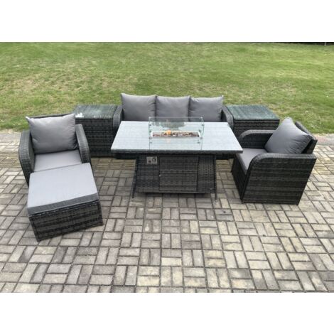 Fimous Polyrattan Gartenmöbel set Gas Feuerstelle Esstisch mit 2 Beistelltischen Sessel Fußhocker (1/5)