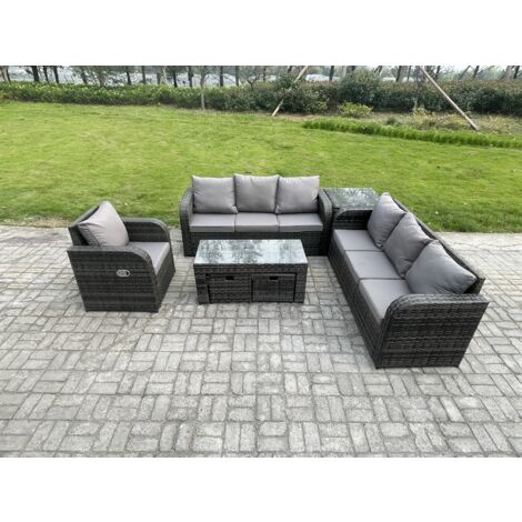 Fimous 9-Sitzer Garten Sofa im Freien Set Polyrattan Gartenmöbel Set mit Rechteckiger Couchtisch 2 kleine Fußhockern 3-Sitzer Sofa Beistelltisch Dunkelgrau Gemischt (1/5)