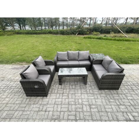 Fimous 7-Sitzer Polyrattan Gartenmöbelset Garten Lounge Set mit Rechteckiger Couchtisch Beistelltisch Dunkelgrau Gemischt (1/5)