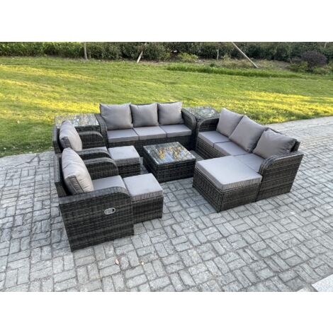 Fimous Hoher Rücken Polyrattan Gartenmöbel Set mit Quadratischer Couchtisch 3 Hockern 2 Beistelltischen Garten Lounge Set Dunkelgrau Gemischt (1/5)