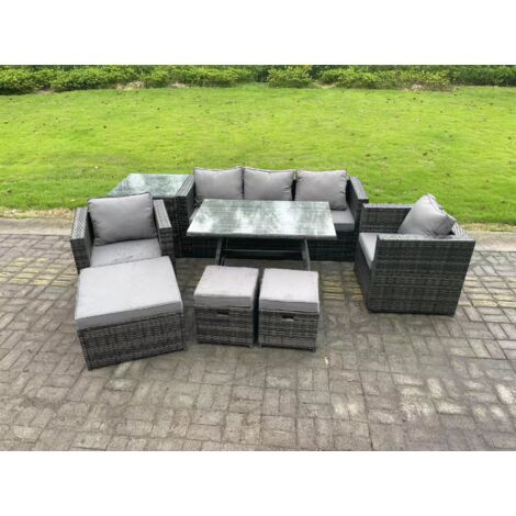 Fimous Gartenmöbel Lounge Sofa Set mit Esstisch 2 Sesseln Beistelltisch 3 Hockern 8-Sitzer Dunkelgrau Gemischt (1/5)