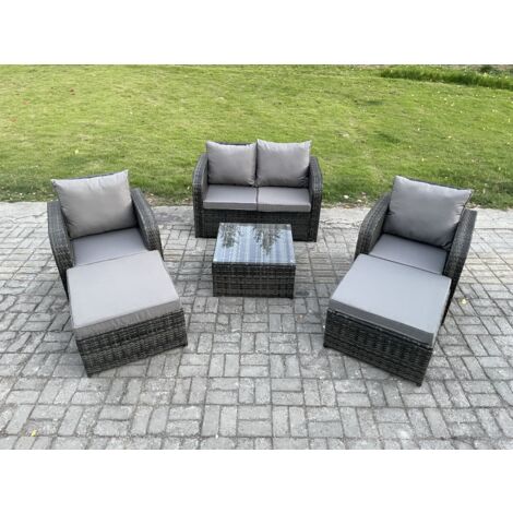 Fimous 6-Sitzer Hoher Rücken Polyrattan Gartenmöbel Set mit Quadratischer Couchtisch 2 hohen Hockern Love Sofa Liegestühle Garten Lounge Set Dunkelgrau Gemischt (1/5)