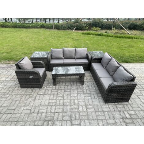 Fimous Polyrattan Sofa Set 7-Sitzer Terrassen Gartenmöbelset mit 2 Beistelltischen Liegestühle Couchtisch Dunkelgrau Gemischt (1/5)