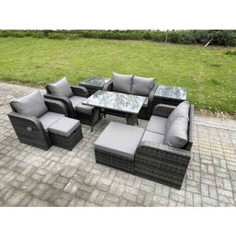 Fimous 9-Sitzer Polyrattan Garten Esstisch Set Gartenmöbel Sofa mit Rechteckiger Esstisch 2 Beistelltischen 3 Hockern Dunkelgrau Gemischt (1/5)