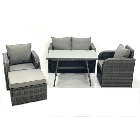 Fimous Gartenmöbel-Set Rattan Sofa Esstisch Set mit Liegestühle 2 Großer Hockern Dunkelgrau Gemischt (1/5)