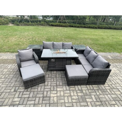 Fimous 9-Sitzer Polyrattan Gartenmöbel Set Gas Feuerstelle Esstisch Liegestühle 3-Sitzer Sofa Set mit 2 Beistelltischen 2 hohen Hockern (1/5)