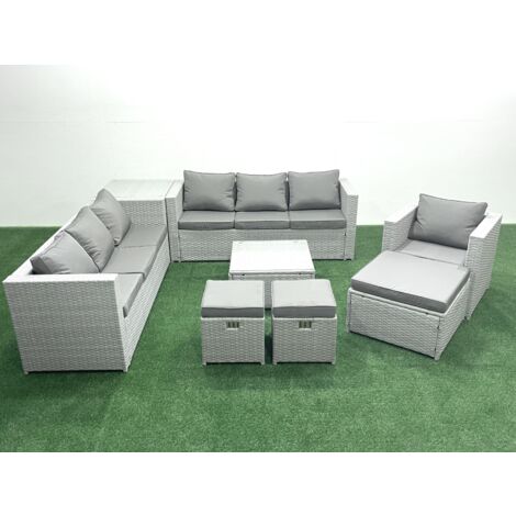 Fimous Polyrattan Sofa Gartenmöbel Set mit Sessel Quadratischer Couchtisch 3 Hockern Beistelltisch Hellgrau gemischt (1/5)