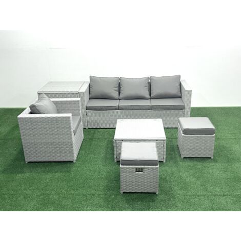 Fimous Gartenmöbel-Set 6-Sitzer Polyrattan Sofa Set mit 2 kleine Fußhockern Sessel Beistelltisch Hellgrau gemischt (1/5)