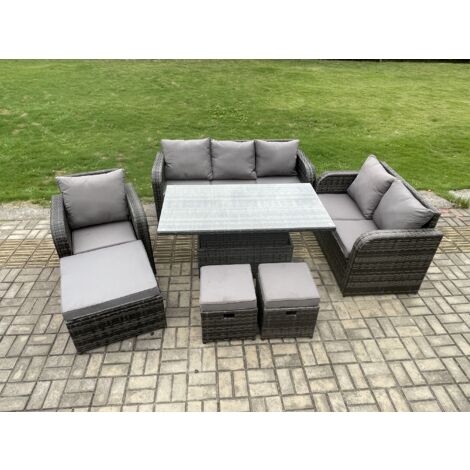 Fimous Gartenmöbel Lounge Sofa Set Patio höhenverstellbarer Tisch Liegestühle Sofa mit 3 Hockern Dunkelgrau Gemischt (1/5)
