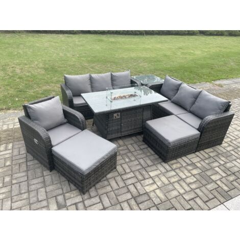 Fimous 9-Sitzer Polyrattan Gartenmöbel Set Gas Feuerstelle Esstisch Liegestühle 3-Sitzer Sofa Set mit Beistelltisch 2 hohen Hockern (1/5)