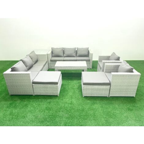 Fimous Gartenmöbelset Polyrattan mit 2 Sesseln Rechteckiger Couchtisch 2 hohen Hockern Beistelltisch Hellgrau gemischt (1/5)