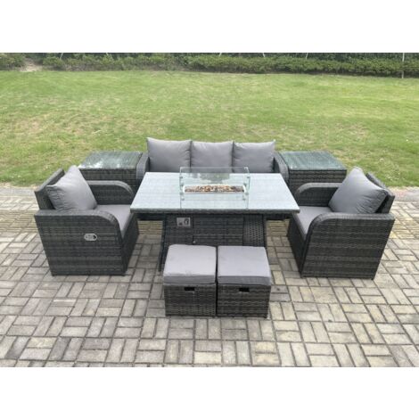 Fimous Polyrattan Gartenmöbel set Gas Feuerstelle Esstisch mit 2 Beistelltisch Sessel Fußhocker (1/5)