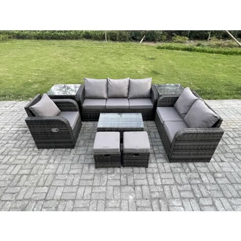 Fimous Gartenmöbel-Sets 8 Stücke Polyrattan Möbel Sofa Sets mit Rechteckiger Couchtisch Loveseat Sofa 2 kleine Fußhockern 2 Beistelltischen (1/5)