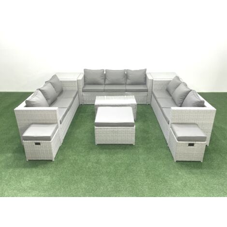 Fimous Gartenmöbel im Freien Polyrattan 12-Sitzer Garten Sofa Couchtisch Set mit 3 Hockern 2 Beistelltischen Hellgrau gemischt (1/5)