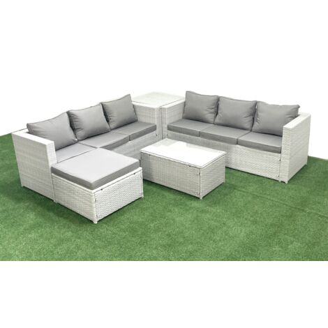 Fimous Garten Polyrattanmöbel Set 7-Sitzer Rattan Garten Sofa Set mit 2 Großer Hockern Beistelltisch Hellgrau gemischt (1/5)