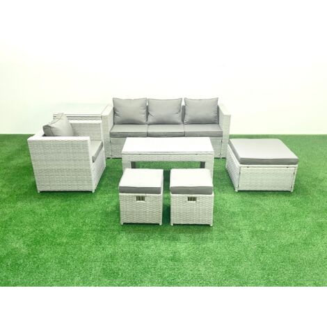Fimous Polyrattan Gartensofa Set Couchtisch 3 Hockern Beistelltisch Hellgrau gemischt (1/5)