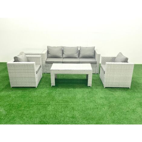 Fimous Polyrattan Gartenmöbel Set 5 Stücke Outdoor Garten Sofa Rechteckiger Couchtisch Set mit 2 Sesseln Beistelltisch Hellgrau gemischt (1/5)