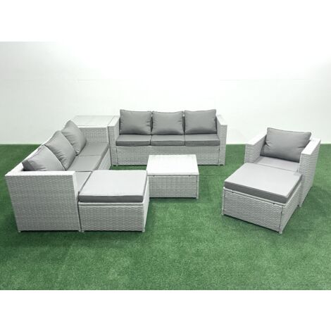 Fimous Polyrattan Sofa Gartenmöbel Set mit Sessel Quadratischer Couchtisch 2 hohen Hockern Beistelltisch Hellgrau gemischt (1/5)