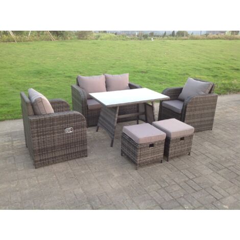 Fimous Polyrattan Gartenmöbel Set mit Liegestühle 2-Sitzer Sofa Doppelsofa Rechteckiger Esstisch mit 2 Hockern (1/4)