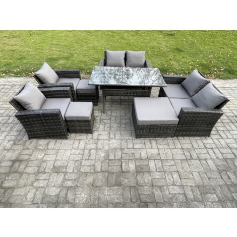 Fimous Polyrattan Gartenlounge Set 8 Stücke Outdoor Gartenmöbel-Set Set mit 3 Fußhockern Dunkelgrau gemischt (1/5)