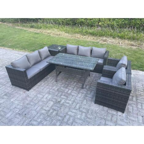 Fimous Gartengartenmöbel Rattan Lounge Sofa Set Terrassen Rechteckiger Esstisch mit 2 Sesseln Beistelltisch 8 Sitzer Dunkelgrau gemischt (1/5)