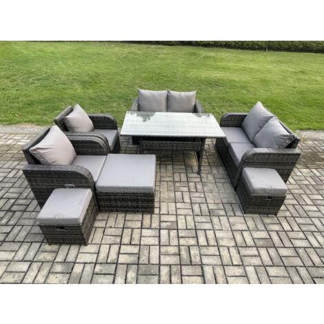 Fimous Outdoor Gartenmöbel-Set 8 Teil Grau Terrassenmöbel Set 9 Sitzer Lounge Sofa Set mit Rechteckiger Tisch Liegestuhln 3 Hockern (1/5)