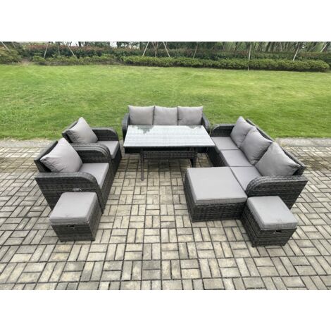 Fimous Terrassenmöbel Set Polyrattan Langer Rechteckiger Esstisch und Sofa set mit Tisch Sessel 3 Hockern Dunkelgrau gemischt (1/5)