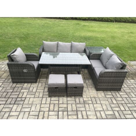 Fimous 8 Sitzer Garten Rattanmöbel Esstisch Sofa Set mit Liegestuhln Beistelltisch 2 kleine Fußhockern Dunkelgrau gemischt (1/5)