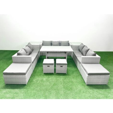 Fimous Rattan Gartenmöbel Essgarnitur 13 Sitzer Sofa Esstisch Set mit 4 Hockern 2 Beistelltischen Hellgrau gemischt (1/5)