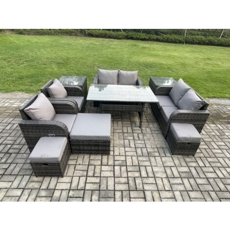 Fimous Outdoor Gartenmöbel-Set 10 Teil Grau Terrassenmöbel Set 9 Sitzer Lounge Sofa Set mit Rechteckiger Tisch Liegestuhln 3 Hockern 2 Beistelltischen (1/5)