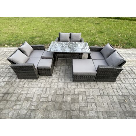 Fimous Polyrattan Gartenmöbel-Sets mit Länglicher Esstisch Doppelsitzsofa 3 Fußhockern Dunkelgrau gemischt (1/5)