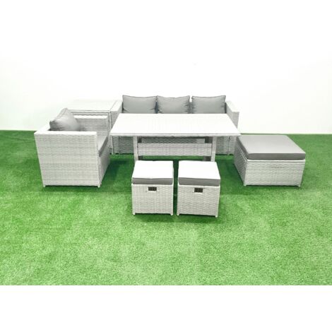 Fimous Rattan Gartenmöbel Essgarnitur 7 Sitzer Lounge Sofa Stuhl Esstisch Set mit 3 Fußhockern Beistelltisch Hellgrau gemischt (1/5)