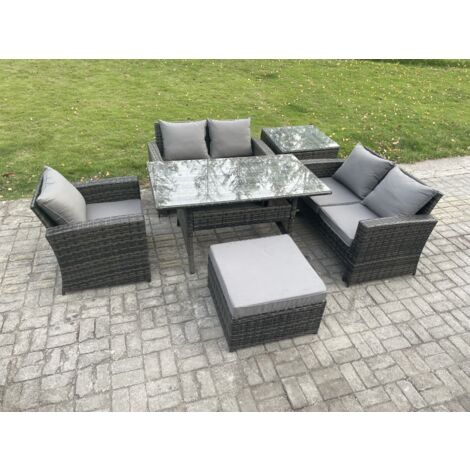Fimous 6 Sitzer Gartenlounge Set Polyrattan Gartenmöbel Set mit Esstisch Doppelsitzsofa Großer Fußhocker Beistelltisch Dunkelgrau gemischt (1/5)