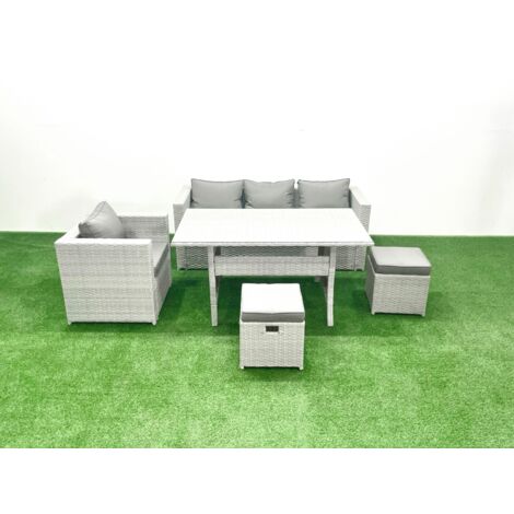 Fimous Gartenmöbel-Set aus Rattan mit Sofa Esstisch Kleiner Hockern Hellgrau gemischt (1/5)