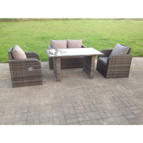 Fimous Rattan Gartenmöbel-Set mit 2 Sitzer Sofa Längliches rechteckiges schwarzes Glas Esstisch (1/4)