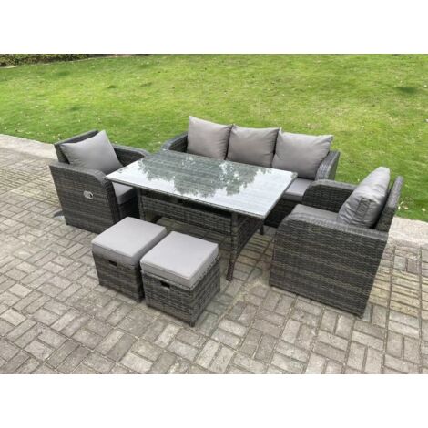 Fimous Dunkelgrau Polyrattan Gartenmöbel-Set 3 Sitzer Sofa Liegestuhl Outdoor Rechteckiger Esstisch mit 2 Hockern 7 Sitzer (1/5)