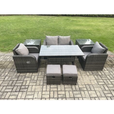 Fimous Rattan Gartenmöbel Set Rechteckiger Esstisch und Sessel Sofa Set mit 2 Beistelltischen 2 kleine Fußhockern Dunkelgrau gemischt (1/5)