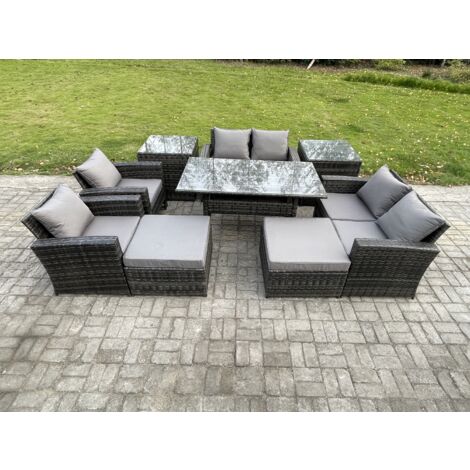 Fimous Polyrattan Gartenlounge Set 9 Stücke Outdoor Gartenmöbel-Set Set mit 2 Großer Hockern 2 Beistelltischen Dunkelgrau gemischt (1/5)