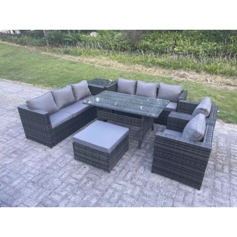 Fimous Gartengartenmöbel Rattan Lounge Sofa Set Terrassen Rechteckiger Esstisch mit 2 Sesseln Beistelltisch Großer Fußhocker 9 Sitzer Dunkelgrau gemischt (1/5)