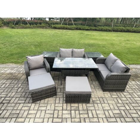Fimous 7 Sitzer Rattan Garten Sofa Set Gartenmöbel Langer Rechteckiger Esstisch mit Sesseln 2 Großer Hockern 2 Beistelltischen Dunkelgrau gemischt (1/5)