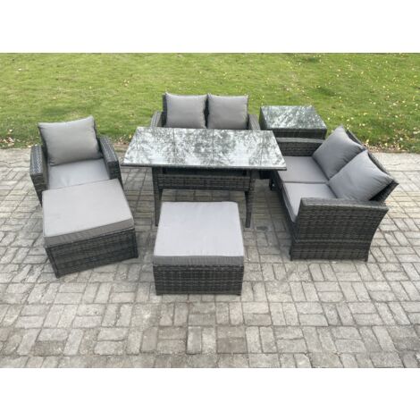 Fimous Polyrattan Gartenmöbel-Set mit Rechteckiger Esstisch Doppelsitzsofa Beistelltisch 2 Großer Hockern Dunkelgrau gemischt (1/5)