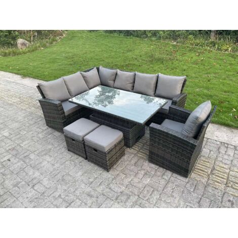 Fimous Hoher Rücken Outdoor Gartenmöbel-Set Ecksofa Sets Höhenverstellbarer Esstisch Dunkelgrau gemischt 9 Sitzer Linke Ecke
