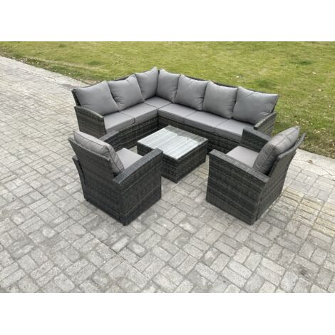 Fimous 8 Sitzer Rattan Gartenmöbel Set Ecksofa Set aus Polyrattan mit Quadratischer Couchtisch 2 Sesseln Dunkelgrau gemischt (1/5)