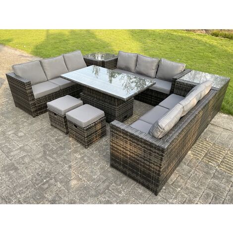 Fimous U Form Polyrattan Gartenmöbel Lounge Sofa Set Steigender Verstellbarer Anhebender Esstisch mit 2 Beistelltisch Extra Hocker