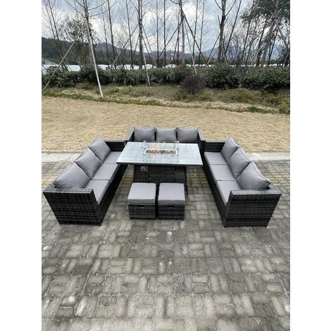 Fimous 11 Sitzer Outdoor Rattan Gartensofa Set Gartenmöbel Gas Feuerstelle Tisch Set Esstisch mit Hockern Dunkelgrau Gemischt (1/4)