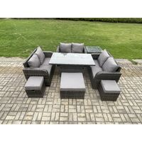 Fimous Rattan Garten Möbel Set Einstellbarer Aufsteigenderr Esstisch mit Beistelltisch 3 Fußhocker