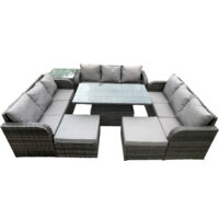 Fimous 11-Sitzer Garten Dining Sets Rattan Möbel Lounge Sofa Höhenverstellbarer steigender Hubtisch mit Beistelltisch 2 Großer Fußhocker Dunkelgrau gemischt